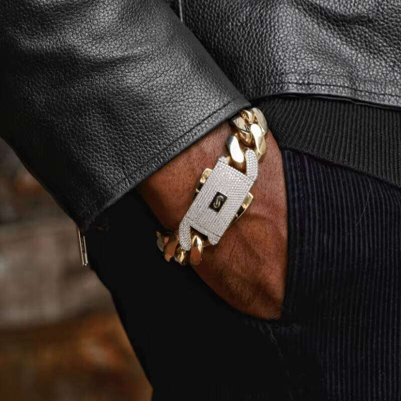 Monaco Jewelry 10K 14K Gold Plated Men's Classic Interlocking CZ Miami Cuban Chain Bracelet
