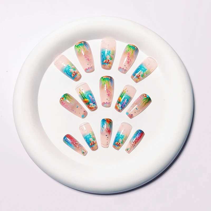 Medium-long dreamy undersea creature press-on nails with seaweed and starfish designs for a trendy lookT251118T251119