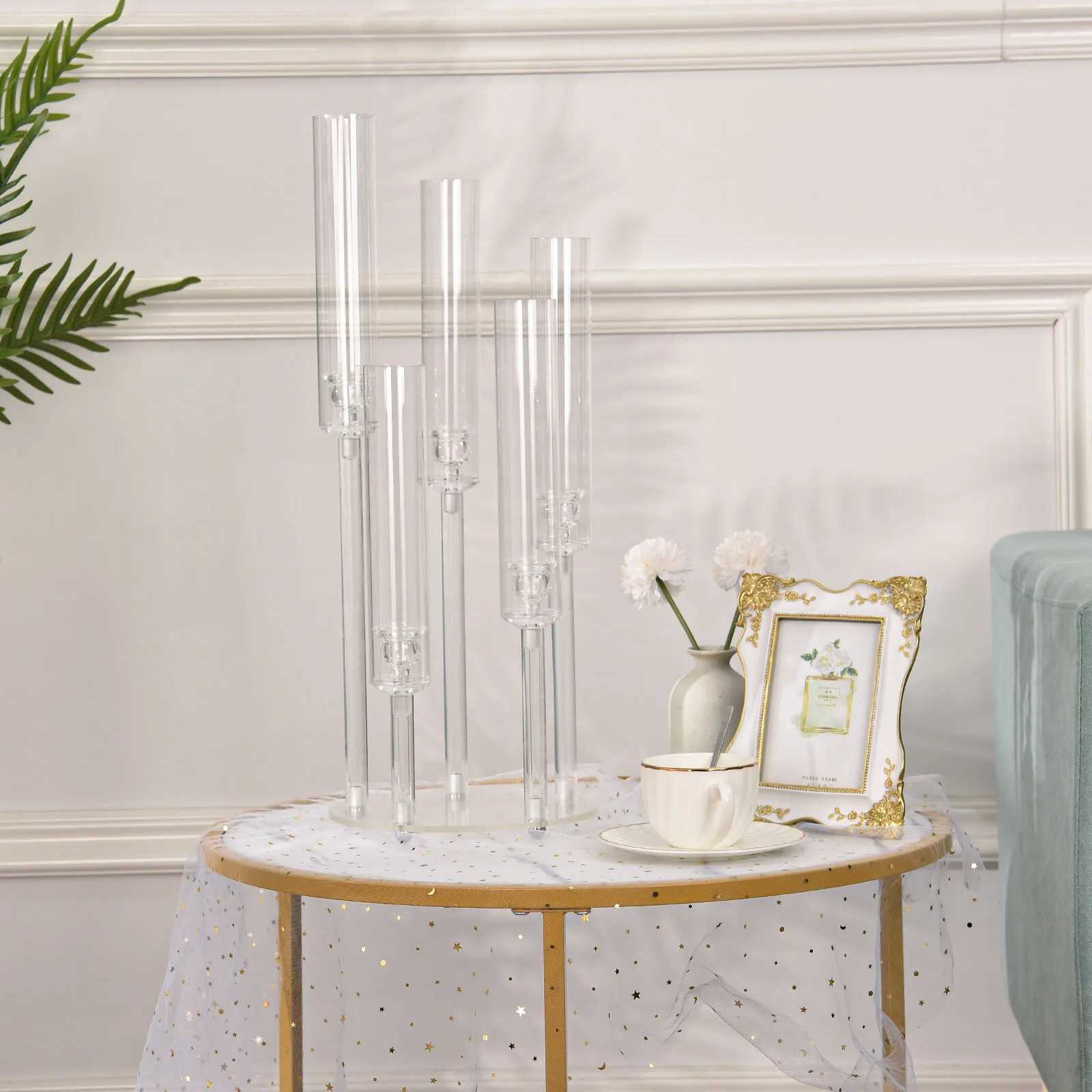 10pcs Acrylic Candelabra Centerpiece for Wedding 5 Arm Clear Candlestick Holders with Removable Lampshade for Party Table Baby G251119