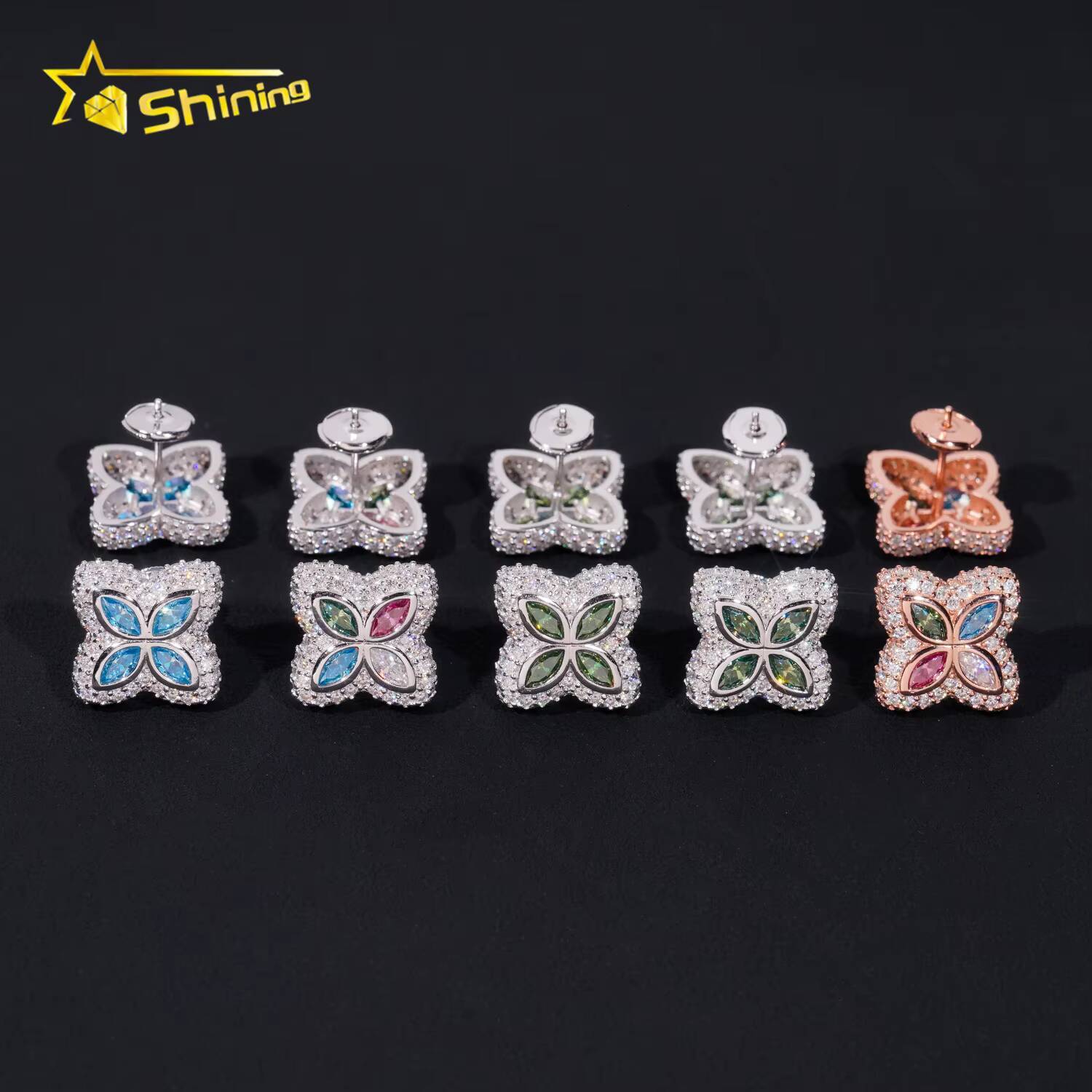New Stocks Pass Diamond Tester GRA Certified VVS Diamond 925 Silver Hip Hop Jewelry Colored Moissanite Stud Earrings Clover