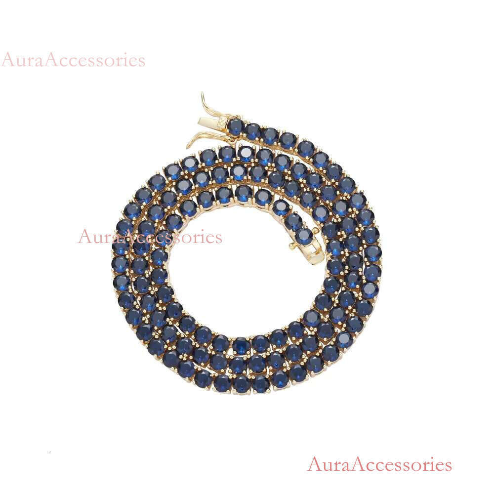 BC206 4mm 16" 18" 20" Brass Blue CZ Necklace Hip Hop Bg Jewelry Zircon Tennis Chain Iced Out