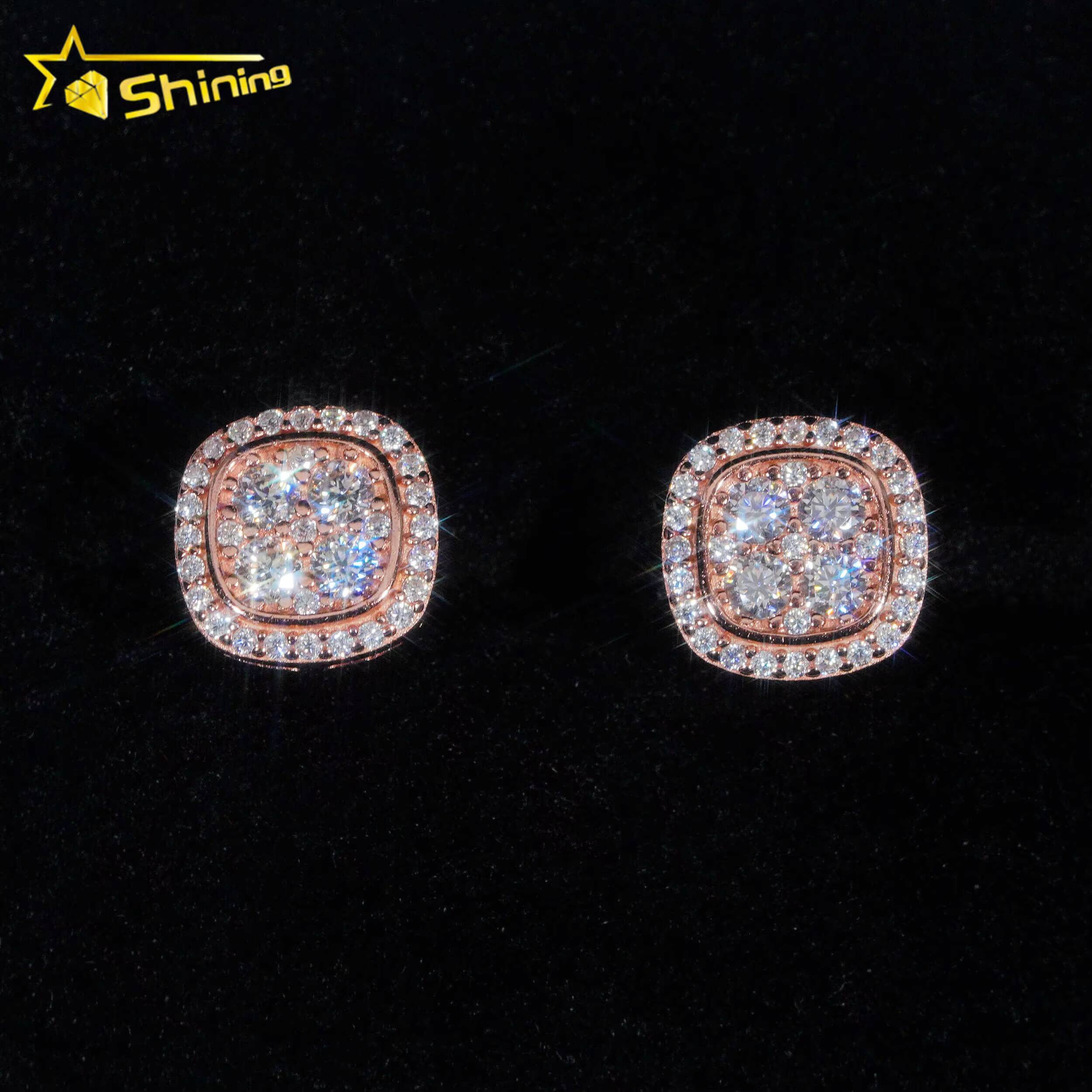 Iced Out 925 Silver Gold Plated Screw Back Moissanite Stud Earrings Hip Hop Jewelry Square Shape Moissanite Earrings Men