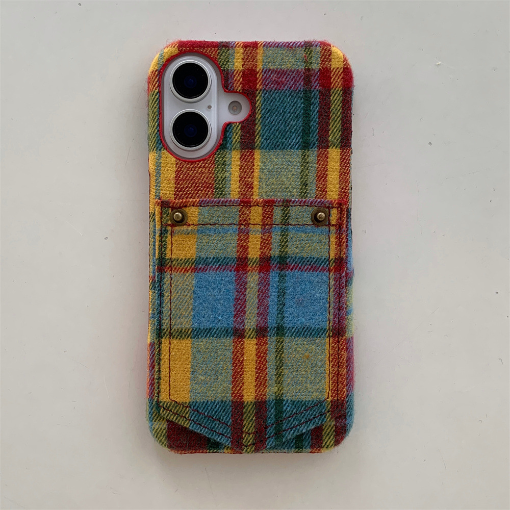 Plaid Colorful Card Holder Phone Case Compatible with iPhone 16/15 Pro Max Niche Simple Protective Case iPhone 14 Pro