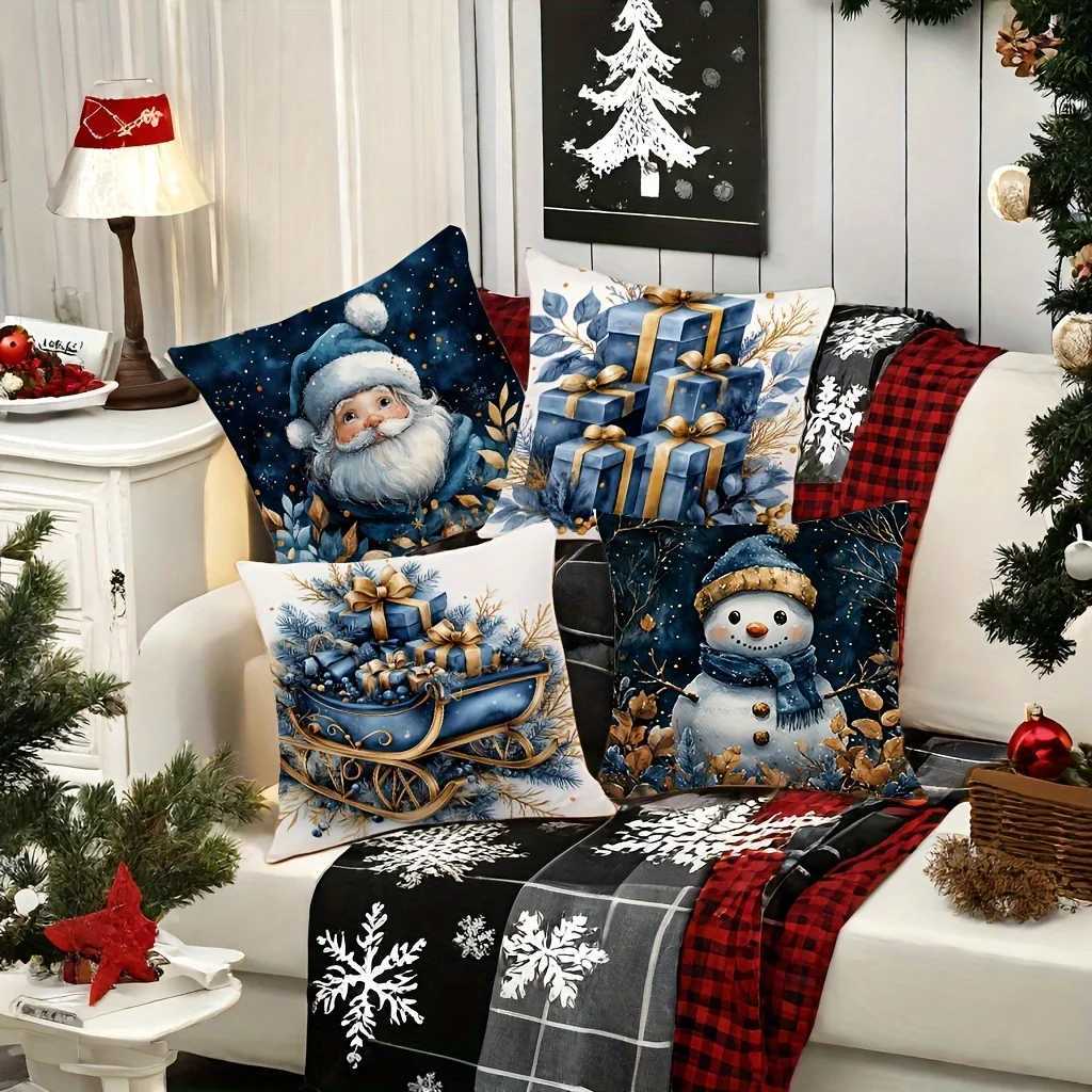 4pcs Holiday Christmas Covers Modern Blue Winter Night Design Stylish Decor for Living Room SofaM251119