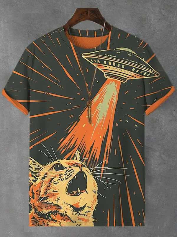 2025 mens T-shirt cartoon laser cat dinosaur art 3D printing T-shirt mens short sleeved O-neck T-shirt casual street Y2k topW250419