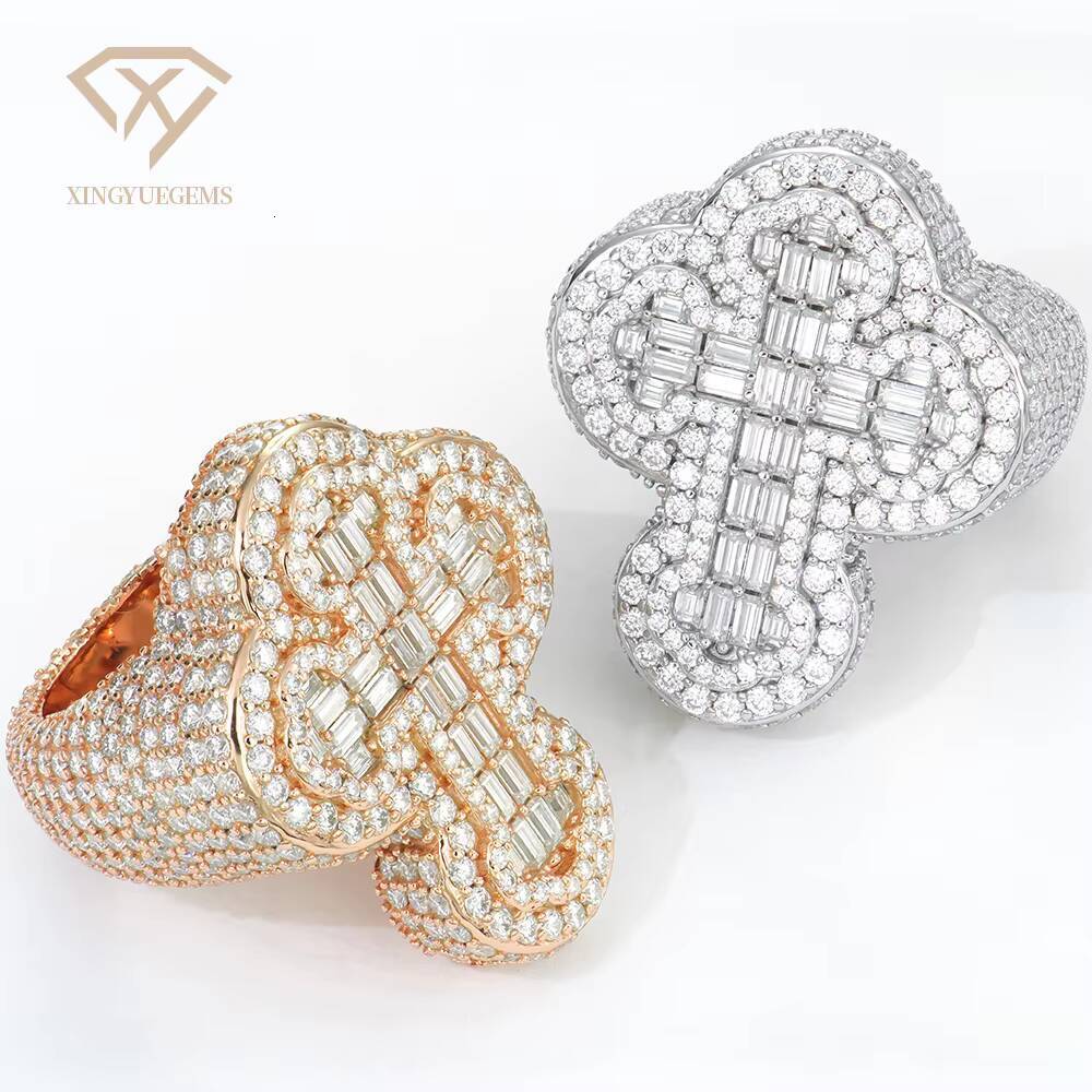 Mens Fully Iced Out 14K Gold Plated Hip Hop Rings Moissanite Ring for Men Punky Rapper Style Baguette Cross Pinky Ring