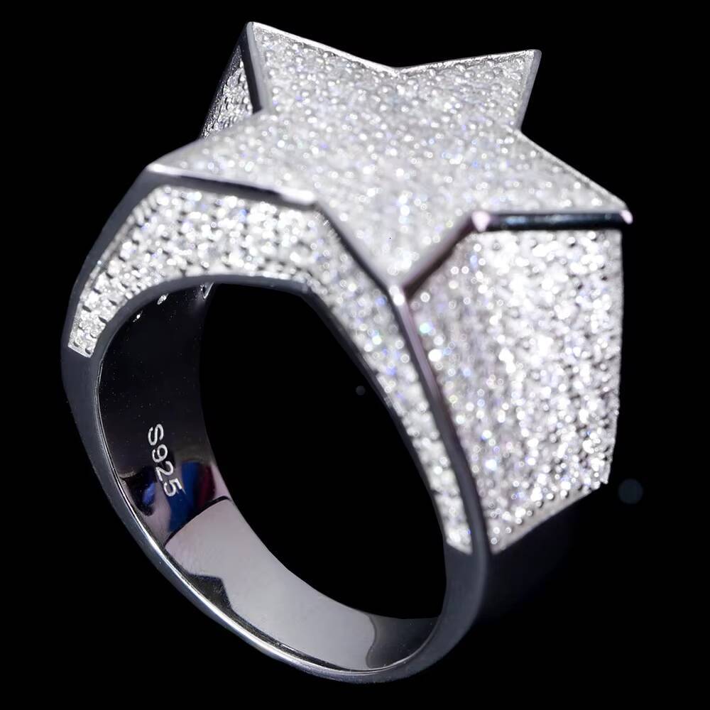 Factory Wholesale Custom Bulk 925 Sterling Silver Hip Hop Jewelry Pave Iced Out Diamond Mossanite Moissanite Star Ring for Men