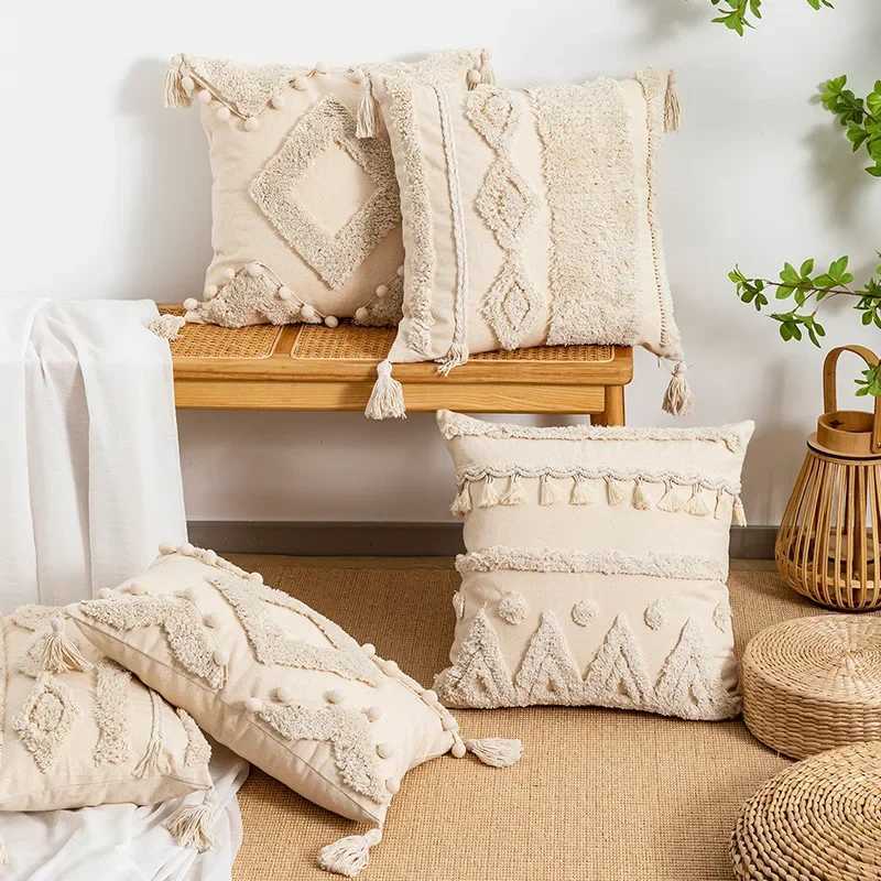Beige Tufted Fringed Cushion Cover Wabi-sabi Cotton and Linen Decorative s for Sofa Geometric Tassel Cover HomeM251119
