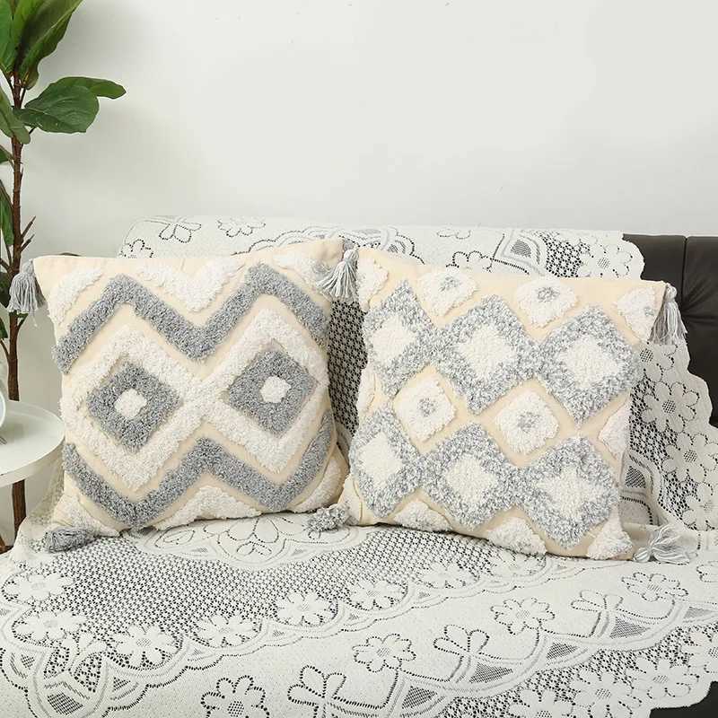 White Grey Boho Decorative Throw Covers Super Soft Woven Tufted Velvet caseM251119