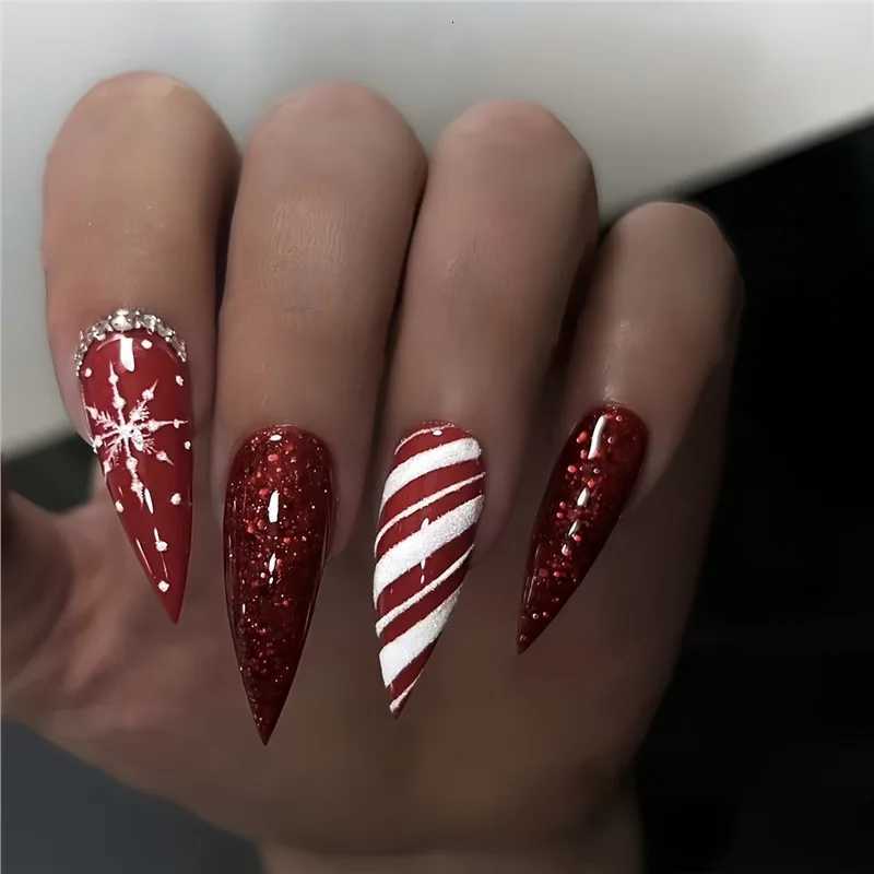 24pcs Round Head Almond False Nails Christmas Glitter Red Full Cover Nail Tips Fashion Snowflake Design Long Press on Fake NailsT251118T251119