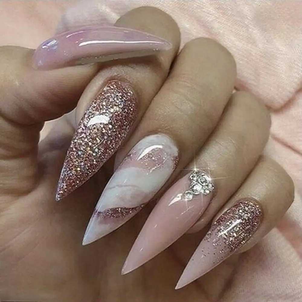24pcs Detachable Almond French False Nails DIY Glitter Design Press on Nails Fake Nials DIY Manicure Nail TipsT251118T251119