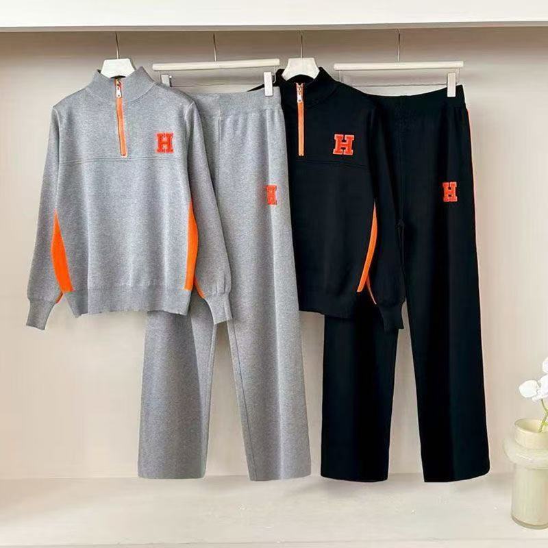 European American Womens Two-Piece Sports Set Zipper Stand-Up Collar Sleeve Coat & Letter Print Knit Long Skirt - Casual Leisurewear S-3XL C260312