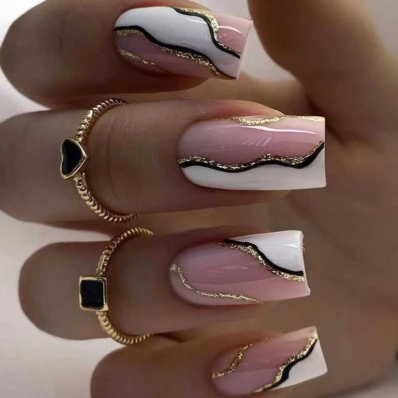 24pcs Short Fake Nail Retro Wine Red Press on Nail With Line Sequins Design Fashion False Nail Tip Manicure Wearable DetachableT251118T251119