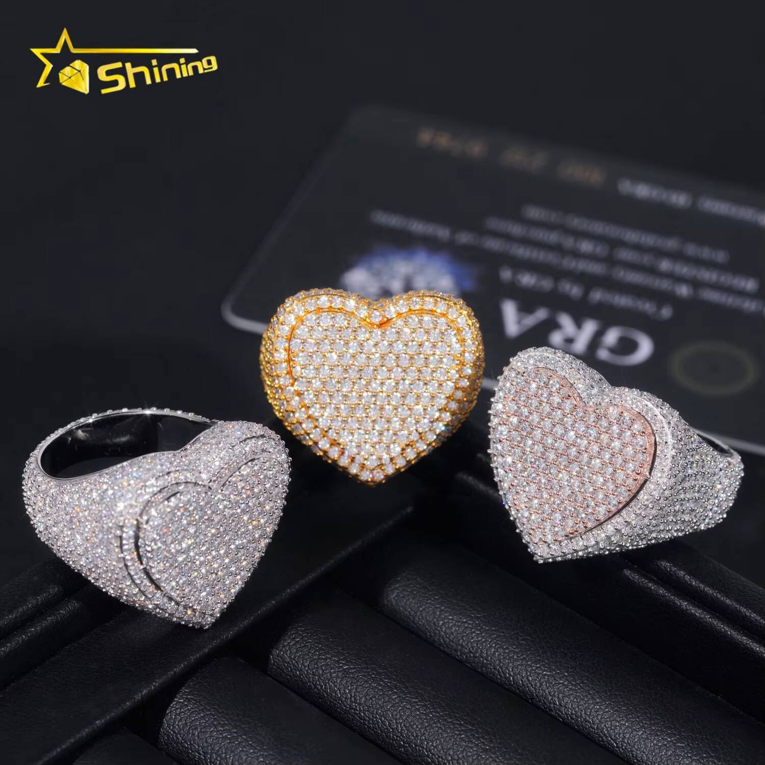 Fully Iced Out Heart Design 925 Silver Two Tone Men GRA Certificate Moissanite Hip Hop Ring