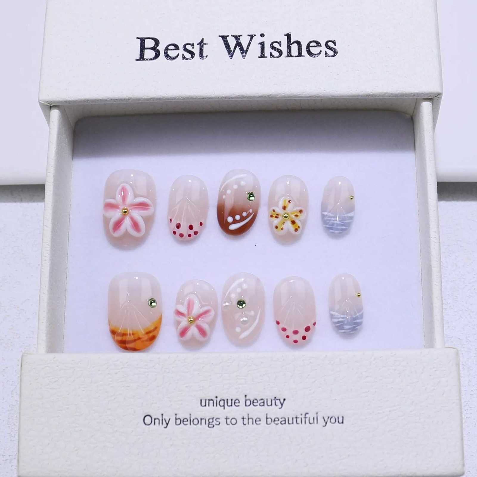 10pcs Handcrafted Almond-Shaped White French Press-On Nails with 3D Floral Design - Glossy Finish Short Length for Women/GirlsT251118T251119