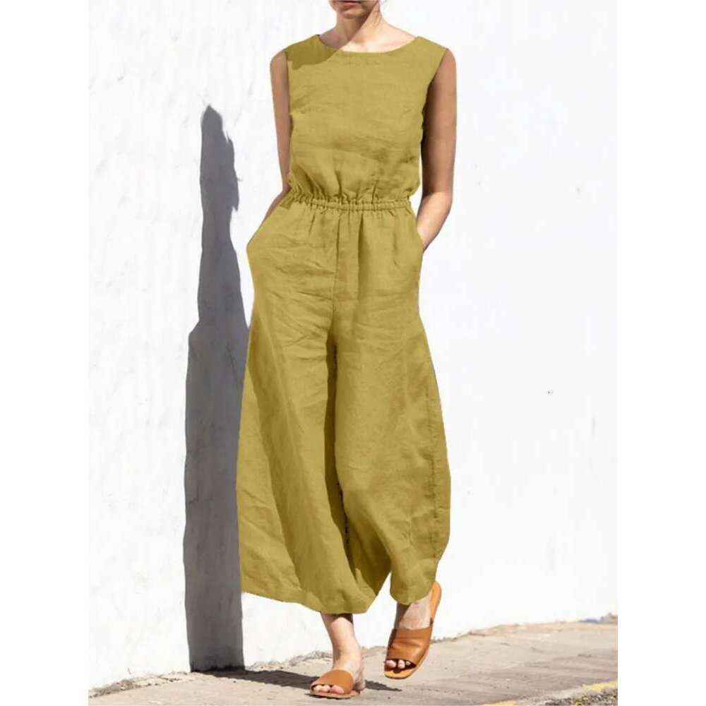 Designer Clothing Cotton And En Jumpsuit Women Solid Color Sleeveless Pocket High Waist Wide Legs Jumpsuits Casual Commuting Ladies Bodysuits