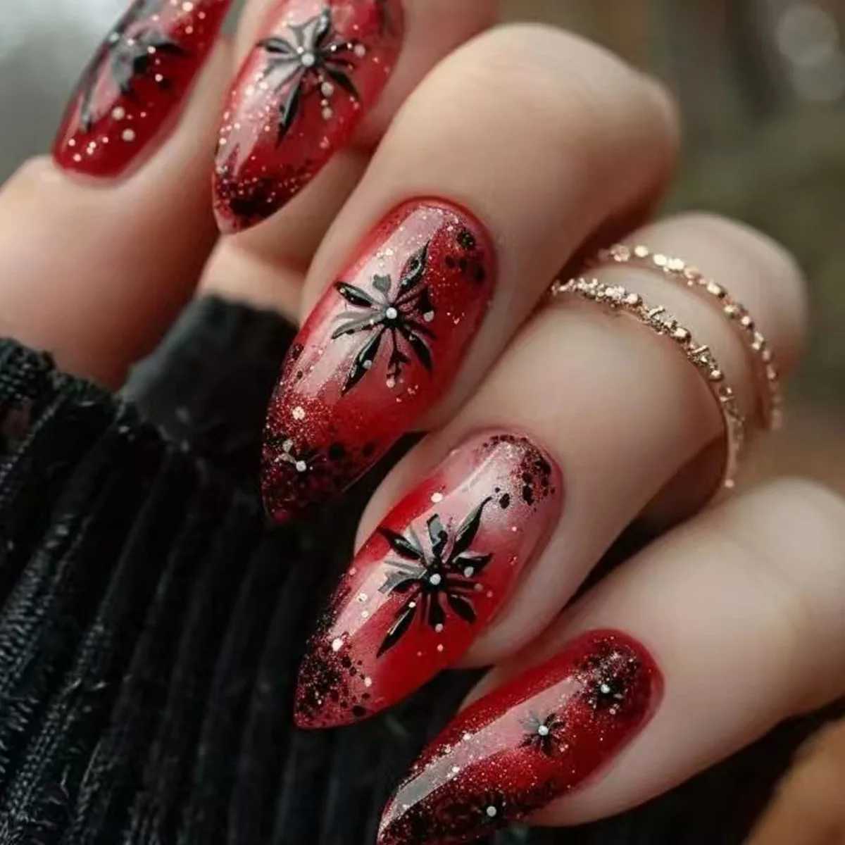 24pcs Round Head Almond False Nails Christmas Glitter Red Full Cover Nail Tips Fashion Snowflake Design Long Press on Fake NailsT251118T251119