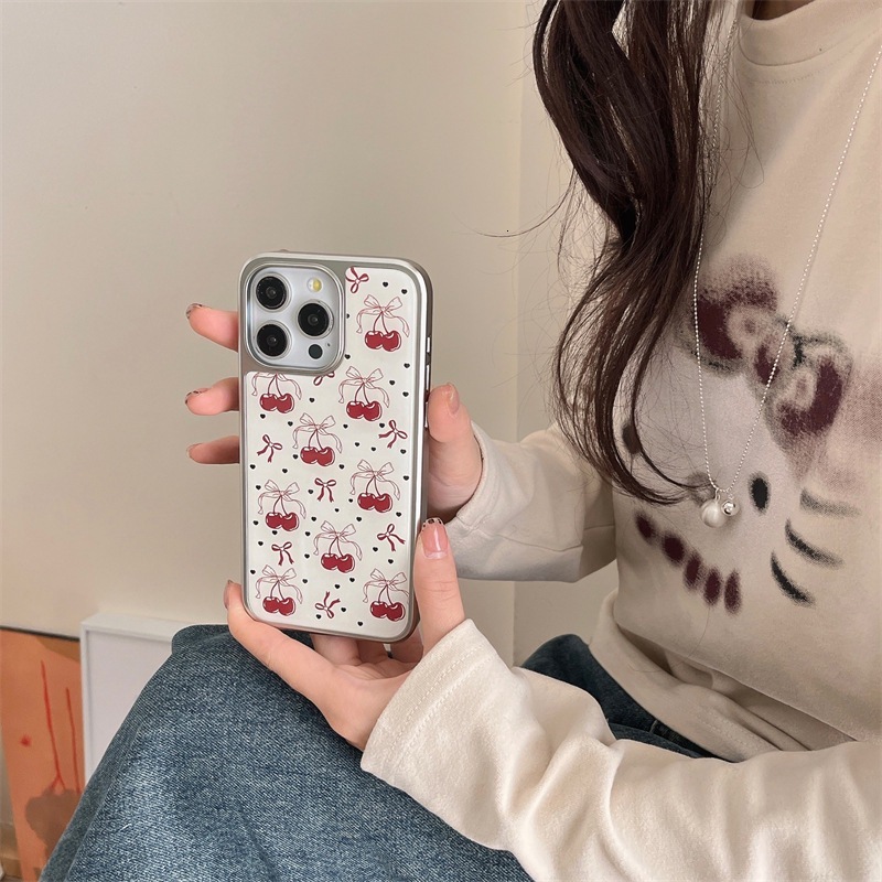 Bowknot Cherry Phone Case Compatible with iPhone 16 Pro Max Silver Edge Protective Case iPhone 15/14/13 Pro