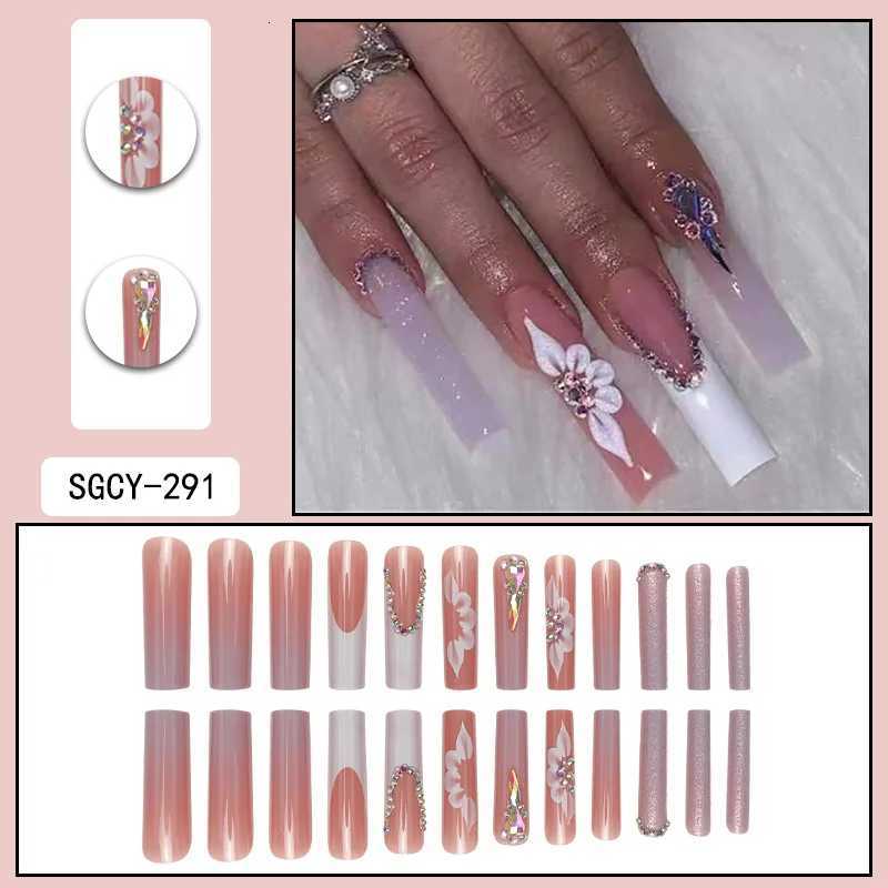 24 Piece Long Coffin Style Glossy Gradientflower Pattern 3D Rhinestone Decoration Complete Set of Abs Fake Nail SetT251118T251119