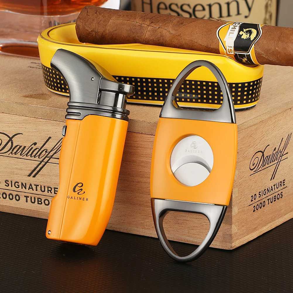 GNER Travel Cigar Accessories Set Metal Butane Gas Lighter Cigar Cutter Tobacco Guillotine Home Ceramic Cigar AshtraysC250419