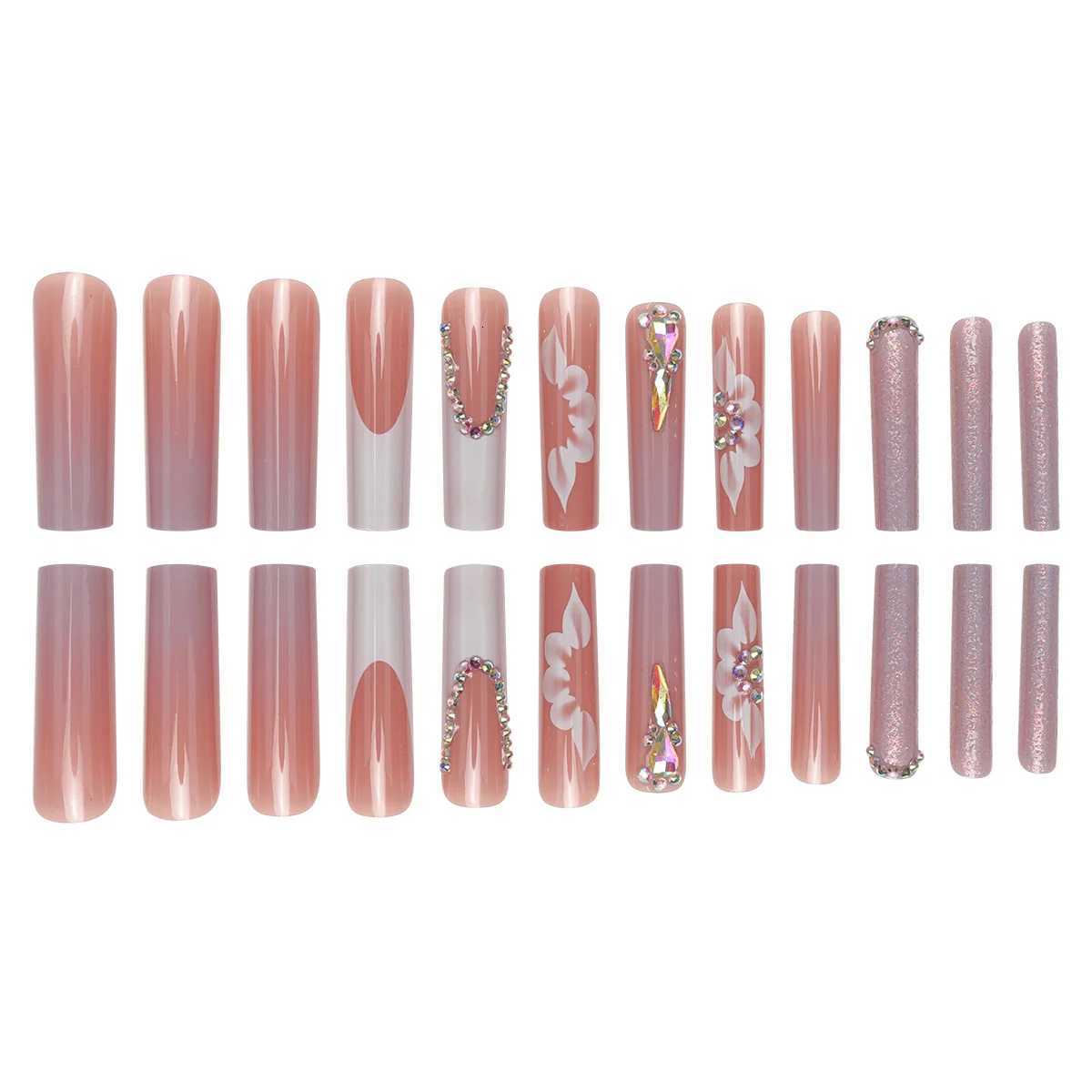 24 Piece Long Coffin Style Glossy Gradientflower Pattern 3D Rhinestone Decoration Complete Set of Abs Fake Nail SetT251118T251119