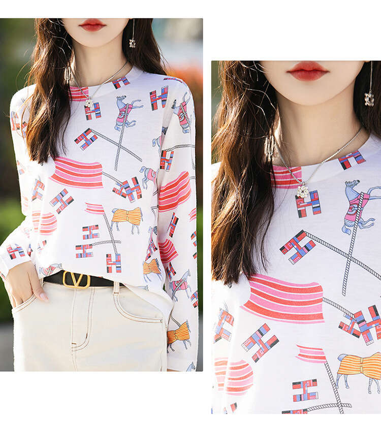 Printed T-Shirt Fashionable Slim And Temperament Knitted Sweater Pullover Korean Long-Sleeved Base Shirt