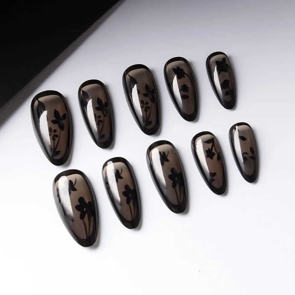 24PCS Short Almond Fake Nails Black Flower Design Autumn Winter Press on Nails Hot Girl Cool Style Removable Nail Art for WomenT251118T251119