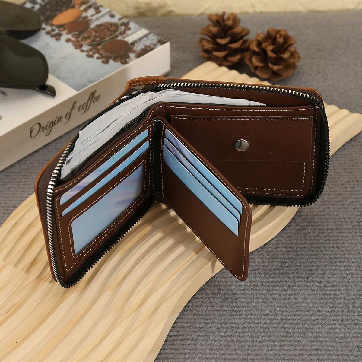 New Mens Business Wallet Classic Spliced Zipper Synthetic Leather Multi Card Short Wallet Large Capacity Card Bag Zero WalletT251119