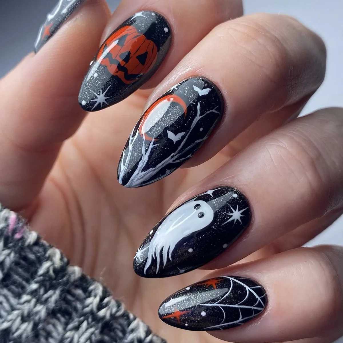 24Pcs Cute Ghost Fake Nails Long Almond Halloween Detachable Full Cover Nail Tips Press on Nails Finished Fingernails Nail ArtT251118T251119