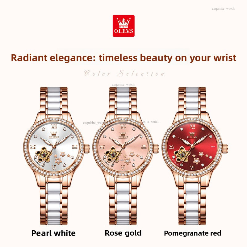 OLEVS Brand Designer Women's Watch New Petal Hollow Ceramic Waterproof Mechanical Watch Outdoor Luxury Casual Sexy Women's Watch