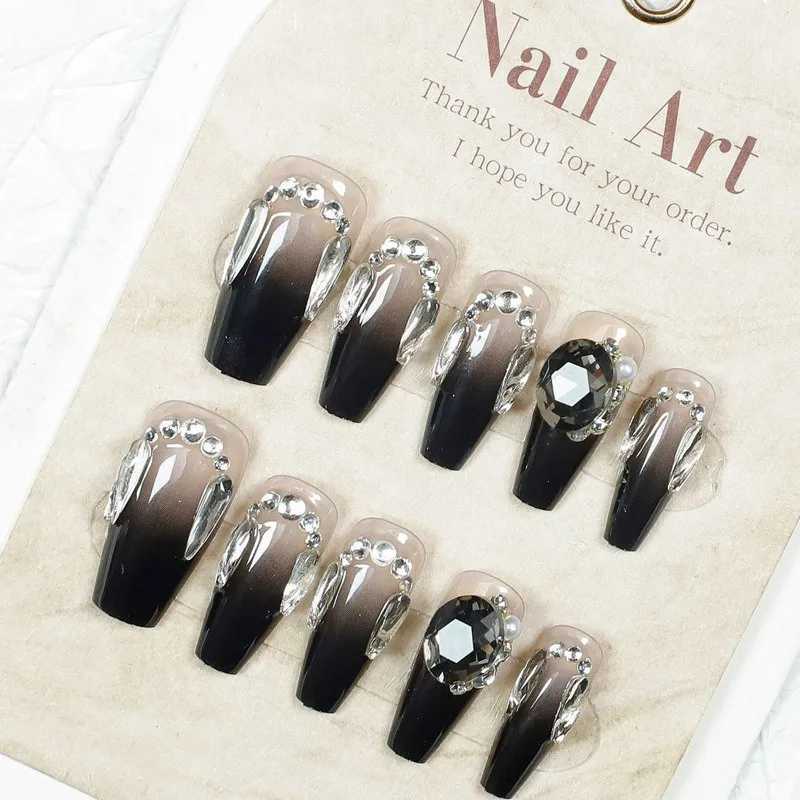 Universally Applicable in All Seasons Handmade Nail Long Black Wearable Fake Nail Fashion Diamond Fake Nail Art Tool for WomenT251118T251119