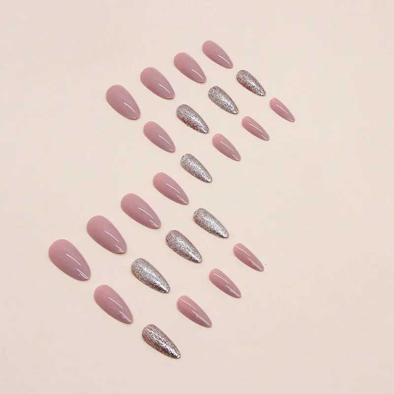 24pcs Solid Bean Pink Almond Glitter Medium Long Nails Press on False Nails with Glue Reusable Woman Artificial Fake Nail TipsT251118T251119
