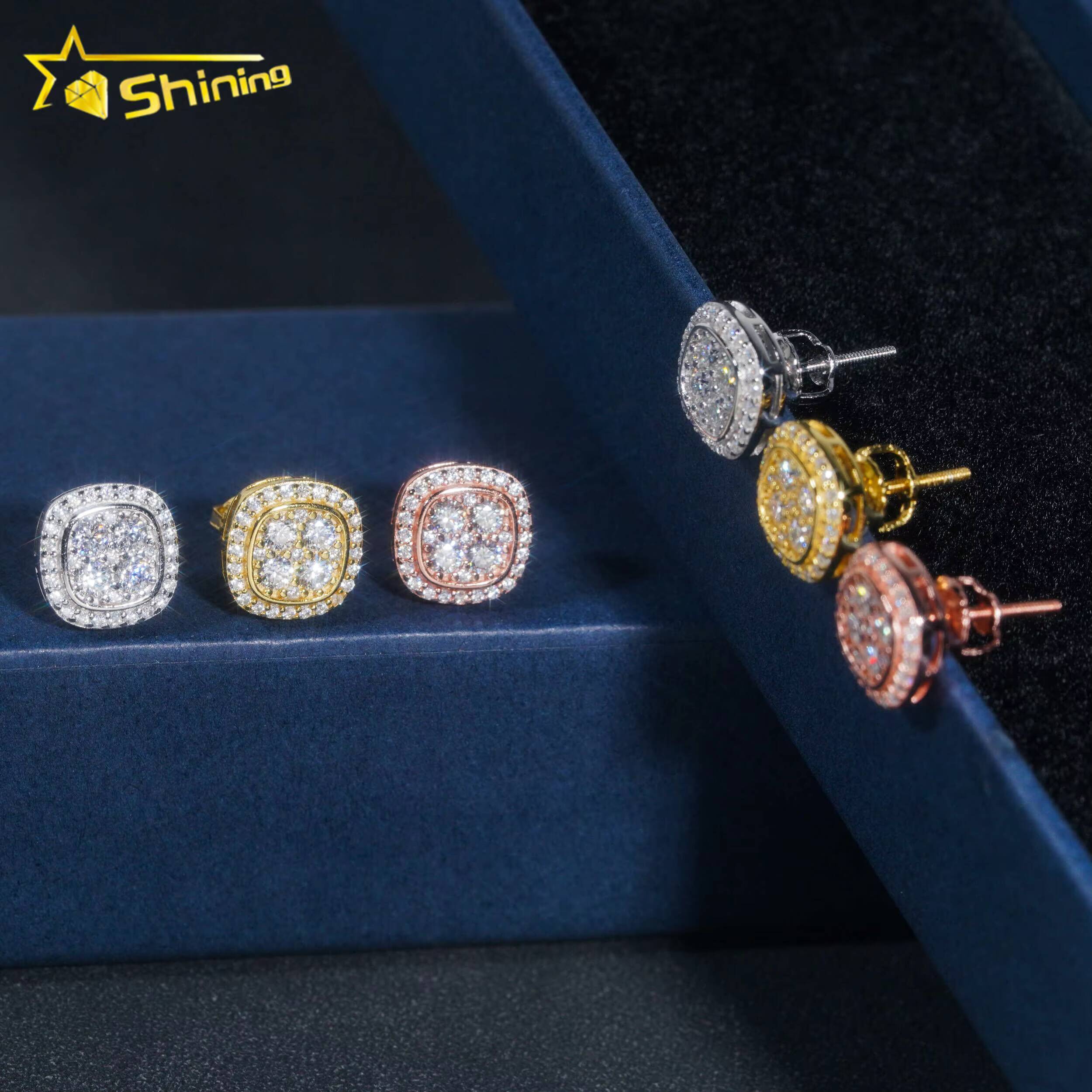 Iced Out 925 Silver Gold Plated Screw Back Moissanite Stud Earrings Hip Hop Jewelry Square Shape Moissanite Earrings Men