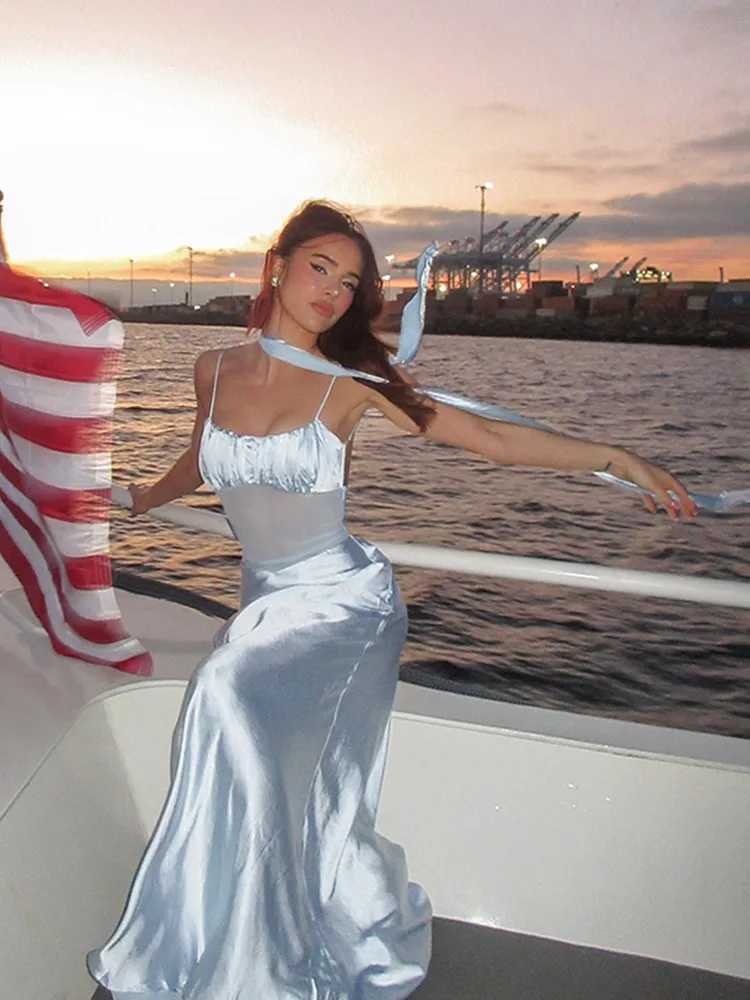 Womens elegant mesh white long skirt casual irregular neckline high seam pleated half sleeved midi dress summer womens vocal robe M250419