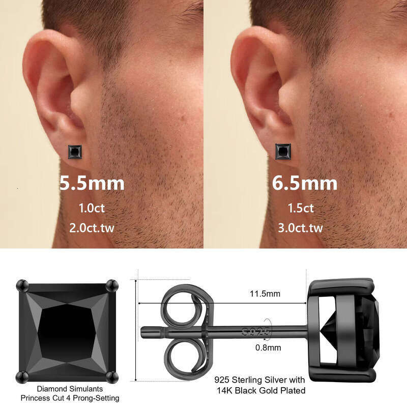 Black Princess Cut Laboratory Jewelry Gift for Men and Women Pure Sier VVS GRA 2.0CT Silicon Stone Earrings