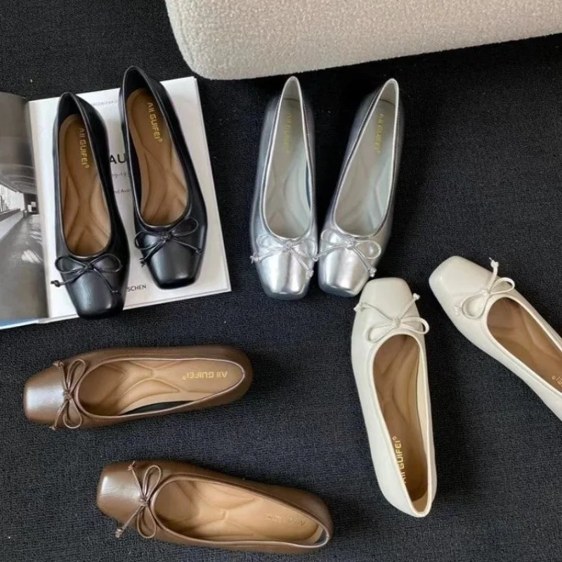 Bowtie Flat Shoes Women Ballerinas Square Toe Slip on Ballet Flats Lazy Loafers Moccasins Ladies Casual Comfort Shoes 250418