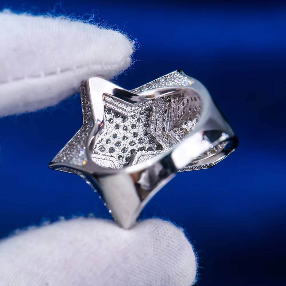 925 Sterling Silver Jewelry Hip Hop Style Pass Diamond Tester D VVS Iced Out Moissanite Double Layers Star Ring for Rapper Men