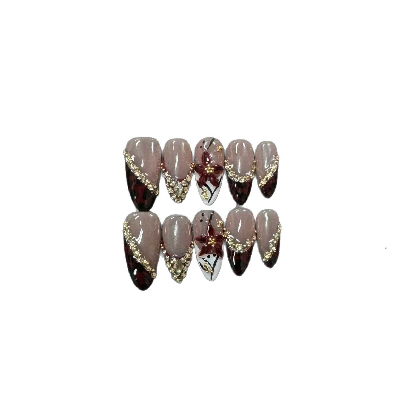 10pcs Handmade Fake Nails 3D Sculpted French Almond Manicure Press on Nail Mid-Length Ladder Nail Art Removable Wearable NailT251118T251119