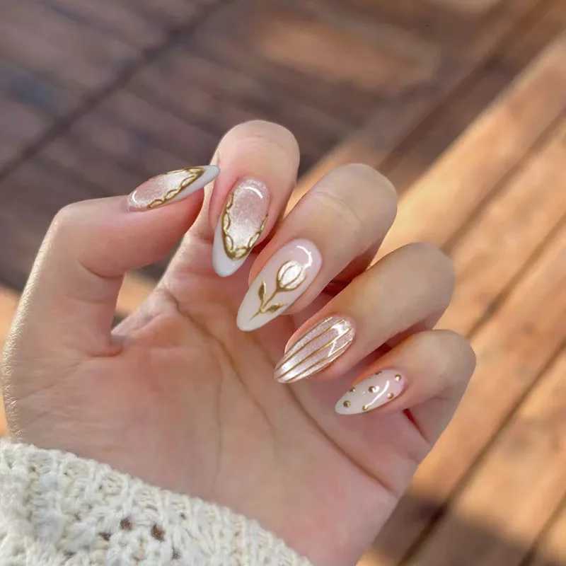 24Pcs Simple White Polka Dot Design False Nails Press on Mid-length Almond Fake Nails Round Head Wearable Full Cover Nails TipsT251118T251119