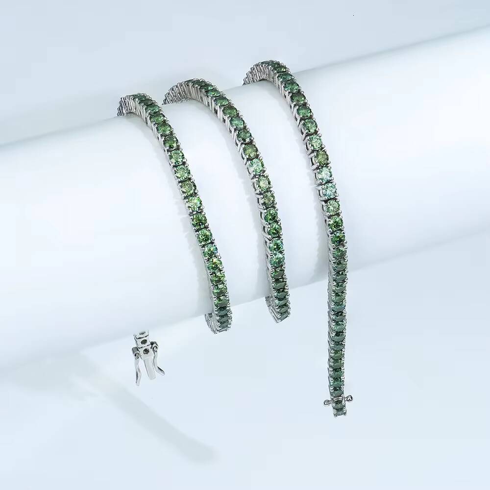 Hip Hop Jewelry 925 Silver Necklace Rhodium Plated Round Brilliant Cut Green Original Color Moissanite Tennis Link Chain