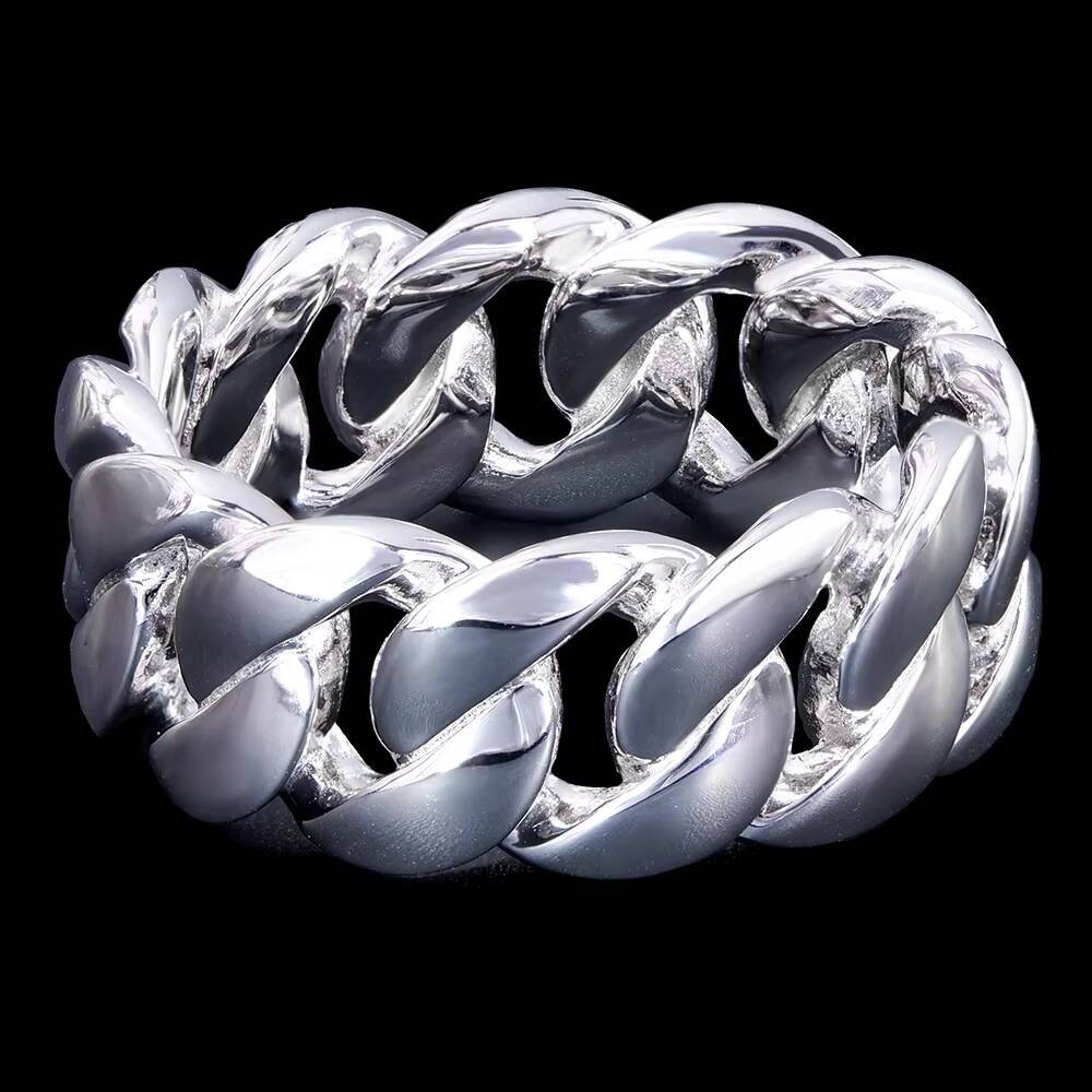 Factory Wholesale Custom Fine Jewelry 9mm Size 7-11 Sterling 925 Silver Hip Hop Band Plain Cuban Link Ring for Men and Women