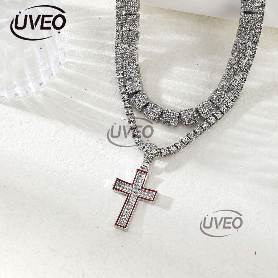 German Baguette Moissanite chic fashion jewelry Iced eye-catching pearl 925 sterling silver Gothic cross chain necklace Free delivery