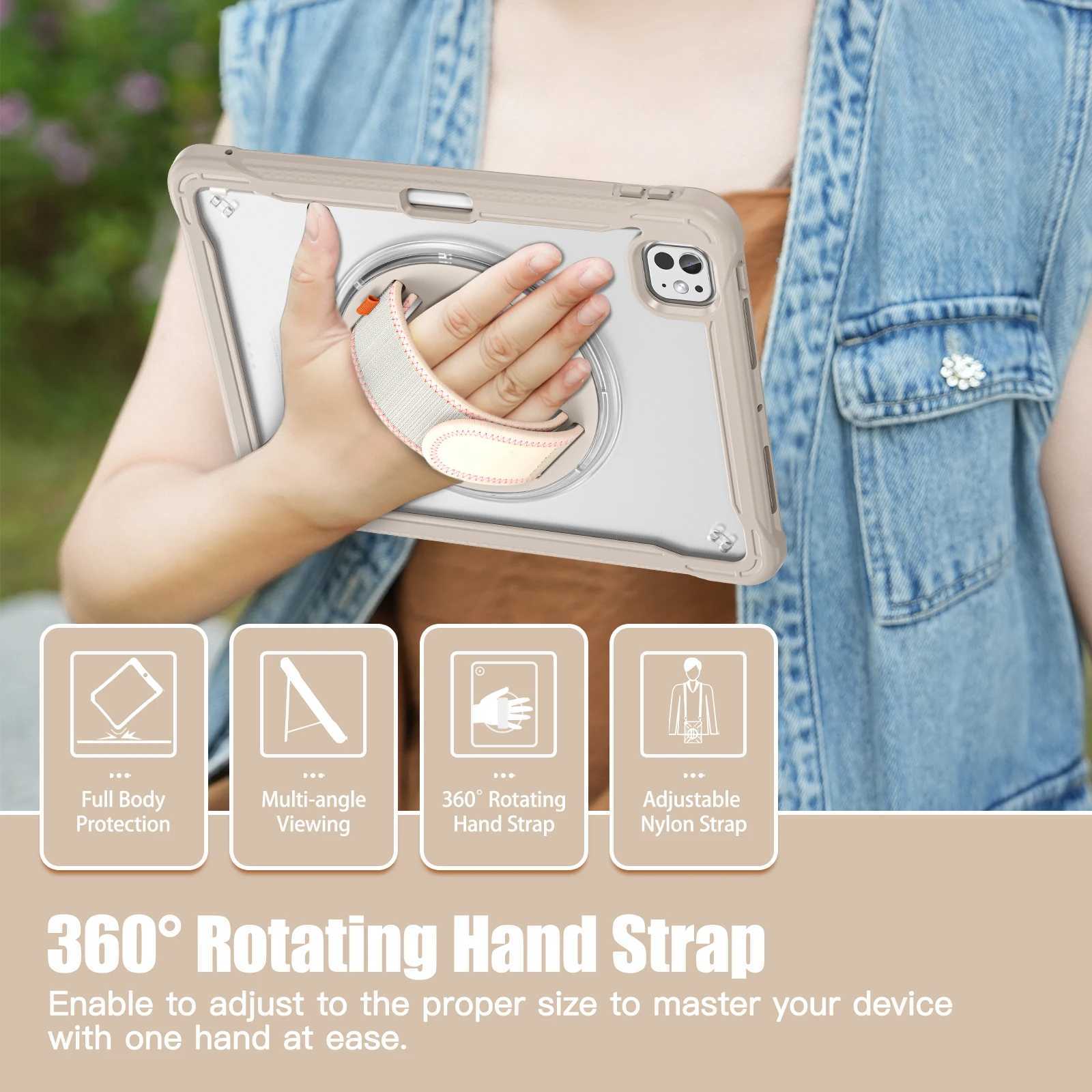 Rotating Stand Tablet Case for iPad Pro 13 11 M4 Air 4 5 6 7 8 9 10th Generation Mini Handband Shockproof Transparent Hard CoverXJ250419