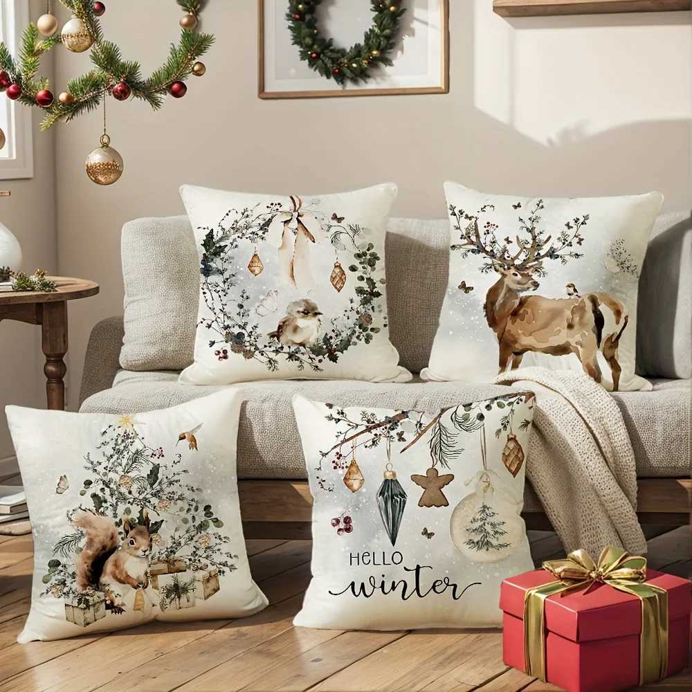 4-Pack Country-Rustic Style Throw Covers 18x18 Inch Hand Washable Watercolor Christmas Motif Boho Farmhouse Holiday GrM251119