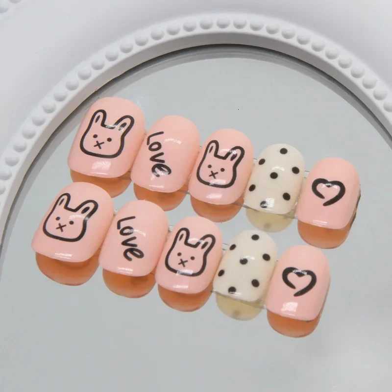 24PCS/Set Short Oval Cartoon Pinkish False Nails Cute Rabbit Simple Painting Nail Art Sweet Love Detachable Fake NailsT251118T251119
