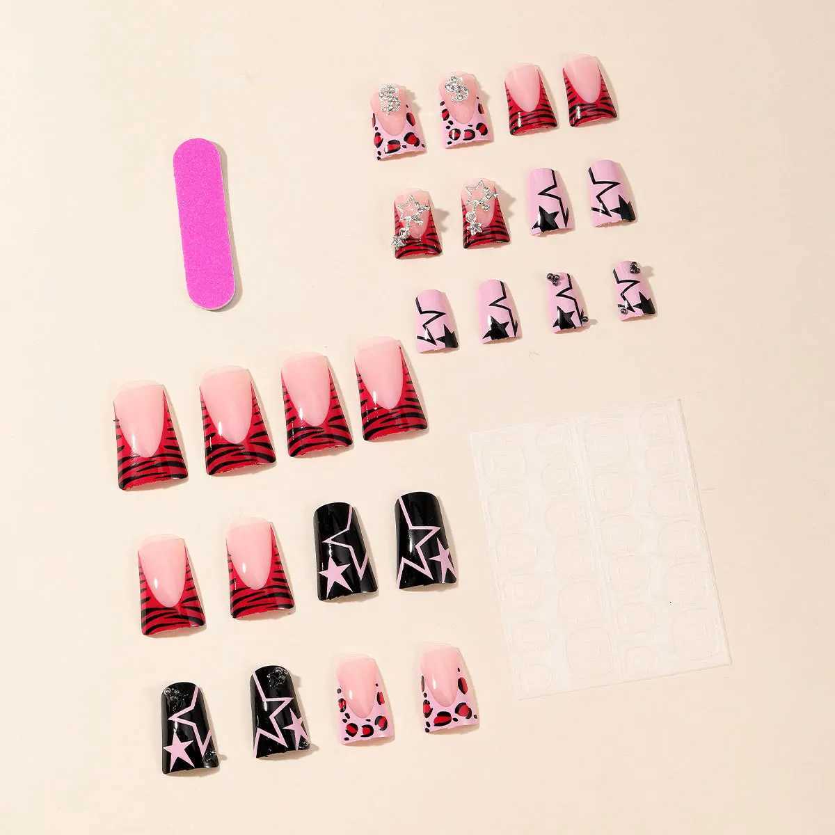 Duckbill Leopard French False Nails y2k Press On Nails Wearable Punk Fake Nails with Ball Diamond Stars Decor Removable Nail ArtT251118T251119