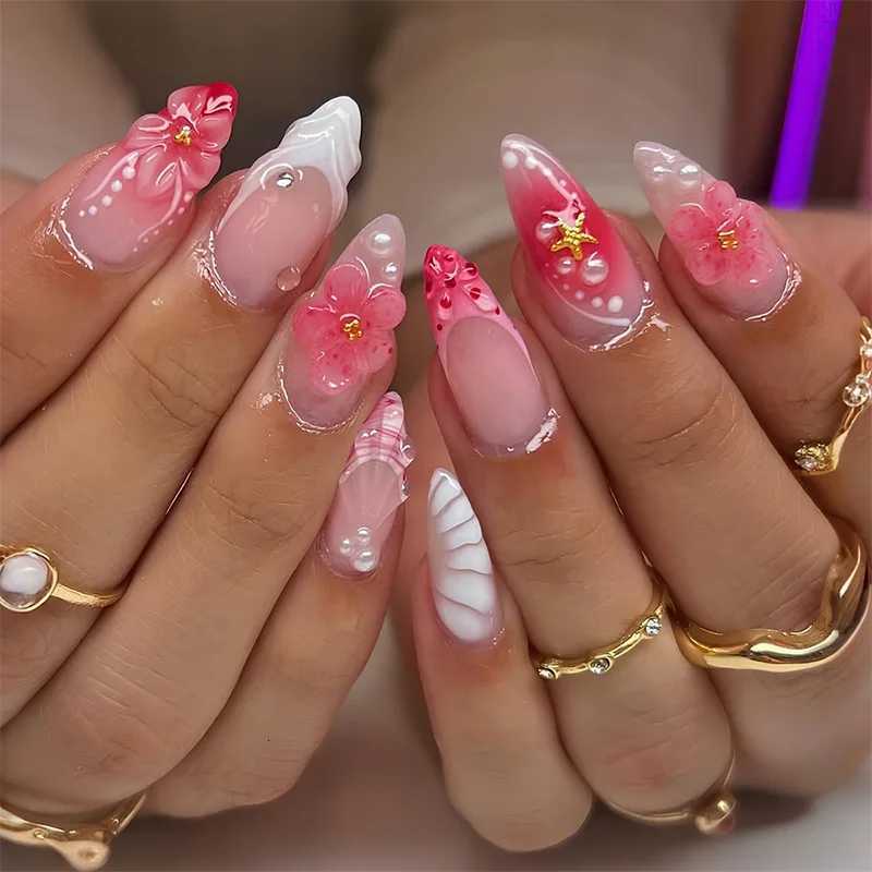 24Pcs Pink Gradient Stripe French Press on False Nails 3D Flower Pearl Full Cover Nail Tip Mid-length Almond Reusable Fake NailsT251118T251119