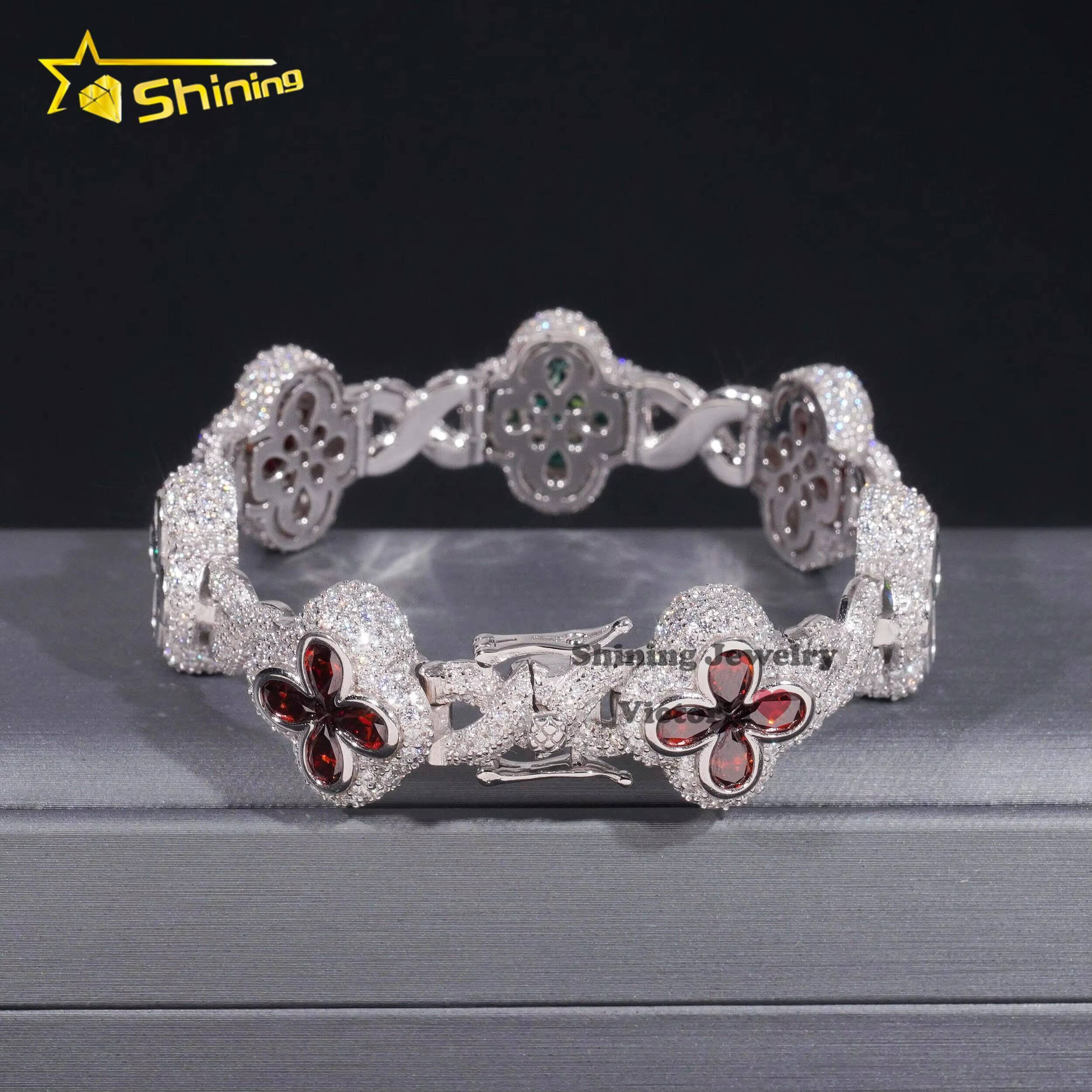 Fashion Christmas Jewelry Hip Hop Luxury Pear Colored Moissanite Diamond Clover Fancy Shape Mens Silver Cuban Bracelets