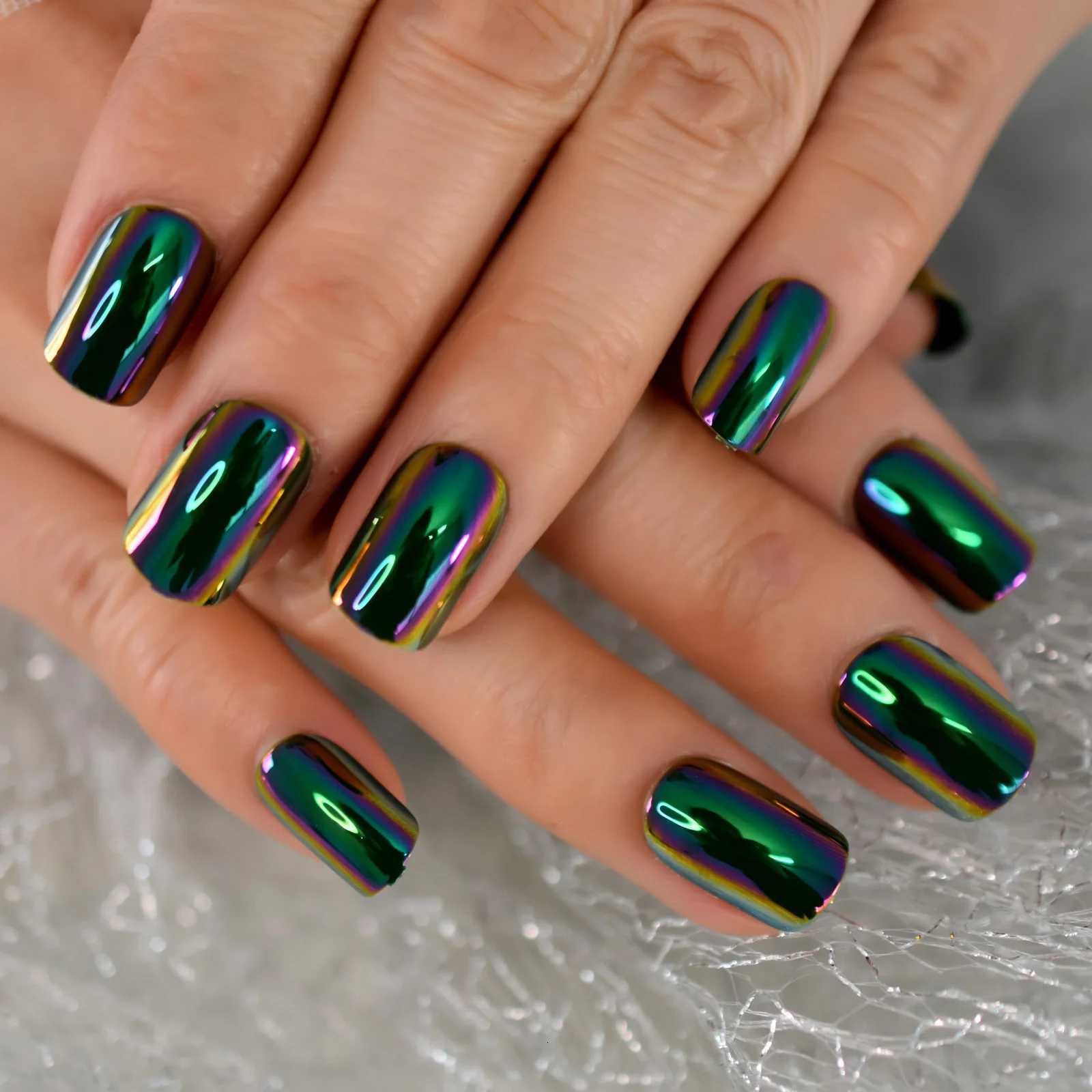 Metallic Press On Fake Nails Green Color Stick On Nails Square Medium Length Fashion Woman Dating PartyT251118T251119