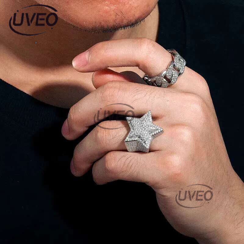 Hiphop Men Women Fine Jewelry Iced Out Gold Plated Sterg Sier VVS Moissanite Dia Star Ring With GRA Certificate